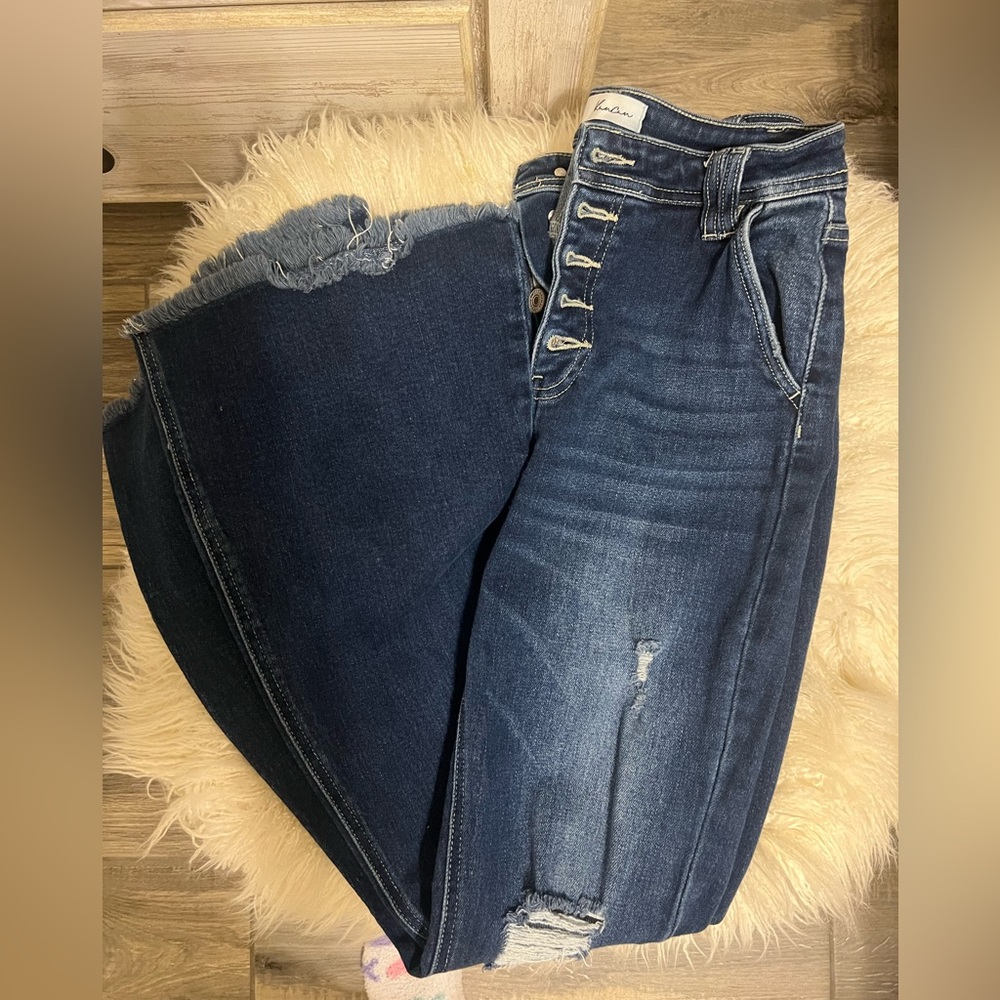 Kancan size 7/27 dark wash distressed high rise stretch flare jeans